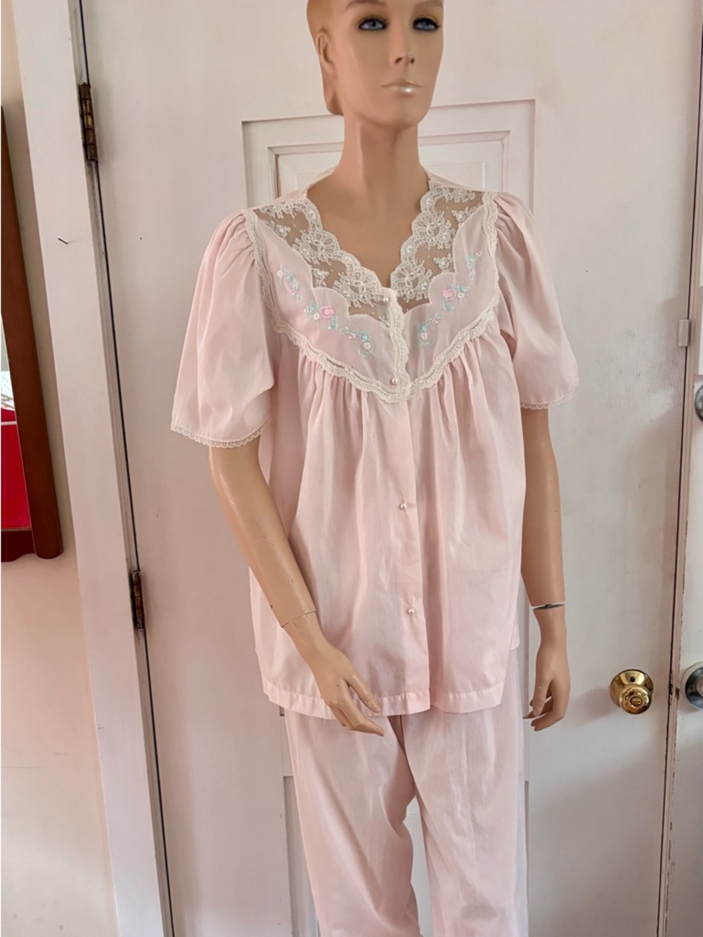 Delicate Pink Lace-Trim Button Pajama Set